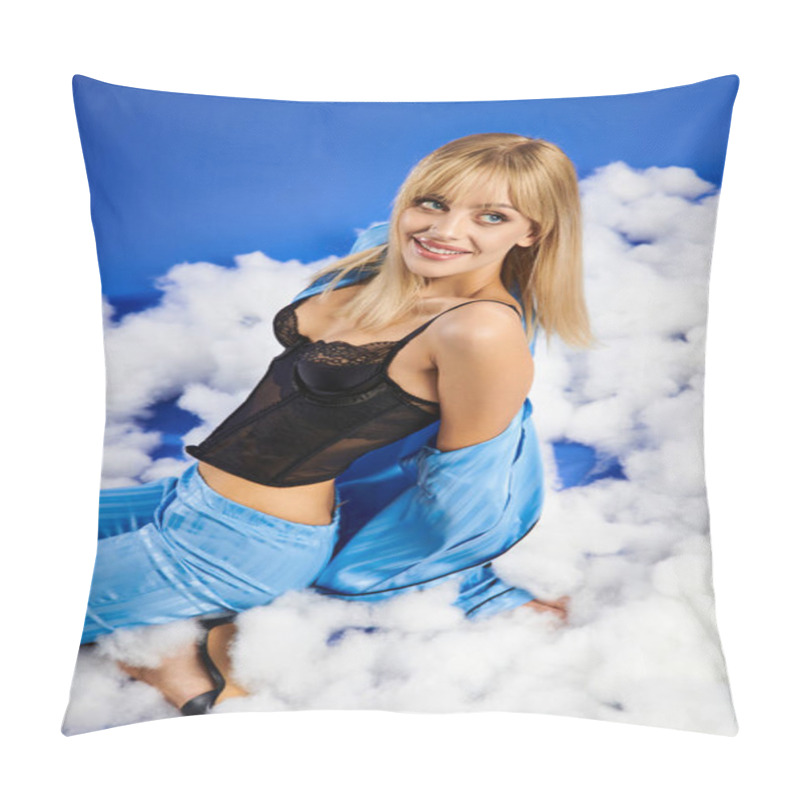 Personality  Alluring Blonde Woman In Vibrant Attire With Bustier Posing Among Fluffy Clouds And Blue Sky. Pillow Covers