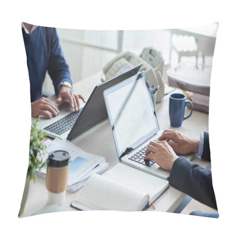 Personality  Cropped Image Of Business People Working On Laptops In Office Pillow Covers