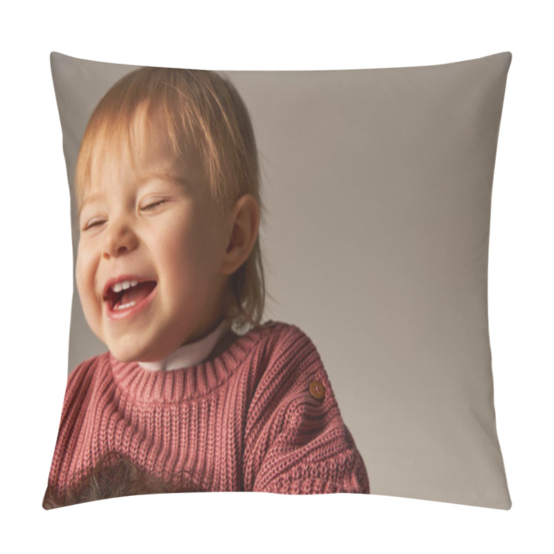 Personality  Portrait Of Cute Baby Girl, Toddler Child, Happy Little Kid In Casual Attire Smiling  On Grey Background In Studio, Emotion, Innocence, Toddler Fashion, Stylish Outfit, Pink Sweater  Pillow Covers