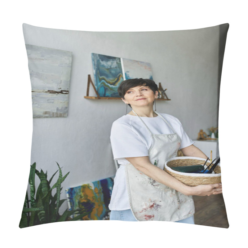 Personality  An Enthusiastic Painter Engages With Her Artwork In A Bright Studio. Pillow Covers