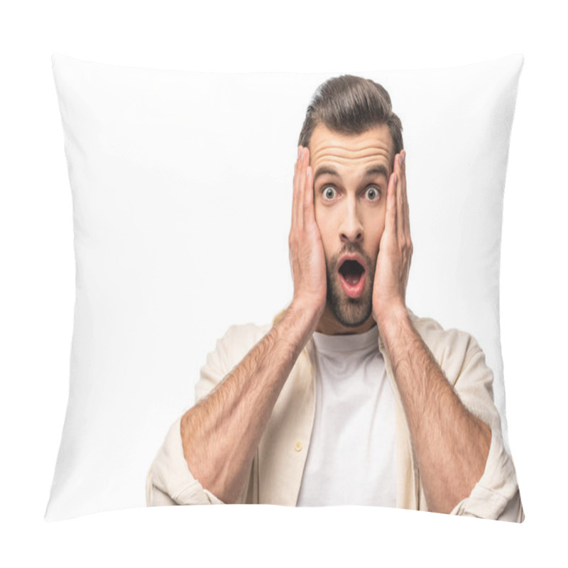 Personality  Surprised Man Looking At Camera And Touching Face Isolated On White  Pillow Covers