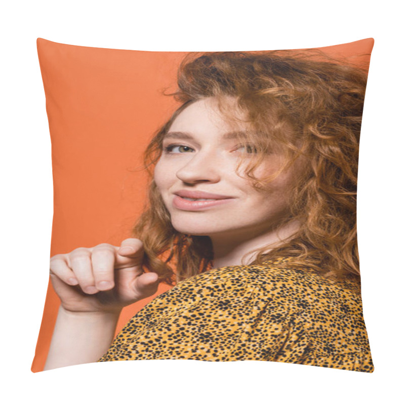 Personality  Portrait Of Young Red Haired Model In Yellow Blouse With Abstract Print Looking At Camera And Standing Isolated On Orange, Stylish Casual Outfit And Summer Vibes Concept, Youth Culture Pillow Covers