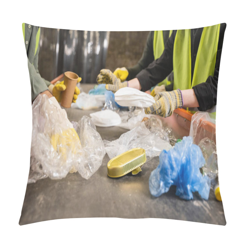 Personality  Cropped View Of Workers In High Visibility Vests And Gloves Separating Different Plastic And Paper Trash On Conveyor While Working In Waste Disposal Station, Recycling Concept Pillow Covers