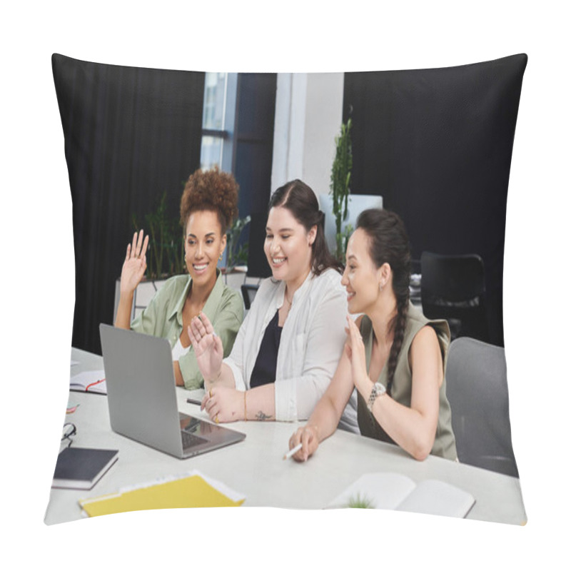 Personality  Three Professional Women Share Ideas And Laughter While Conferencing In A Dynamic Office Space. Pillow Covers