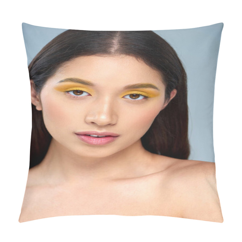 Personality  Female Sensuality, Pretty Asian Woman With Bold Makeup And Bare Shoulders Posing On Blue Backdrop Pillow Covers