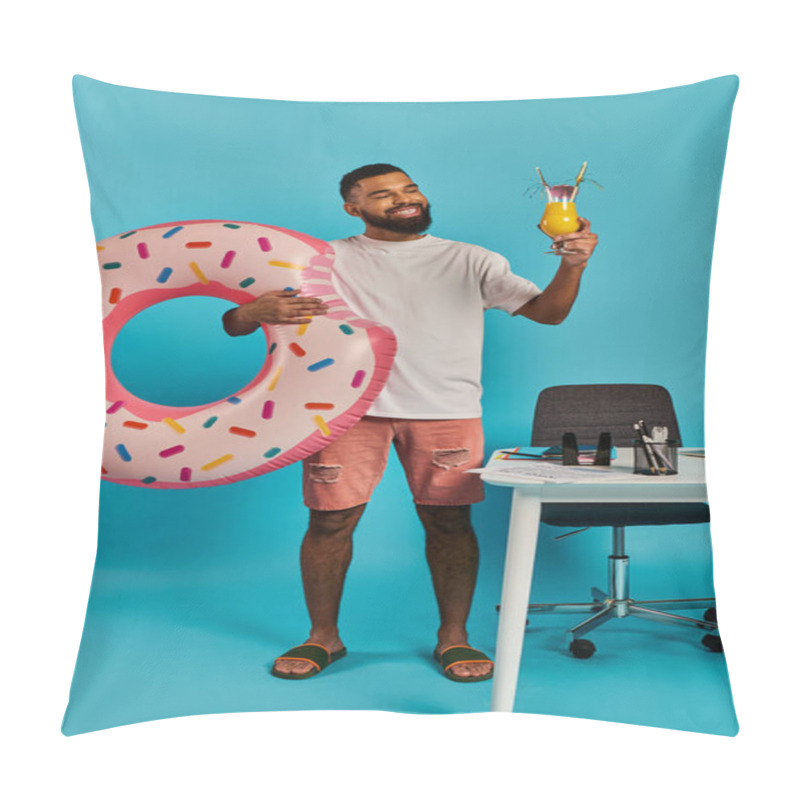 Personality  A Man Is Joyfully Holding A Drink And A Massive Donut In His Hands, Clearly Enjoying His Indulgent Treats. Pillow Covers