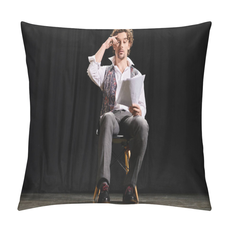 Personality  Man On Top Of A Chair Holds A Paper. Pillow Covers