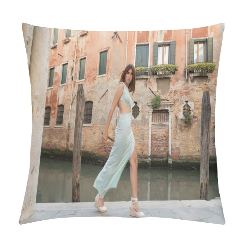 Personality  Full Length Of Trendy Woman With Red Hair Walking Along Canal On Venetian Street Pillow Covers