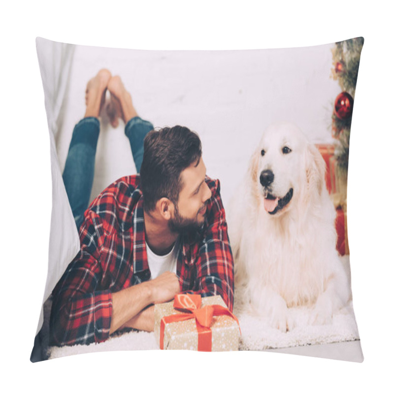 Personality  Cheerful Young Man With Adorable Golden Retriever On Christmas At Home Pillow Covers