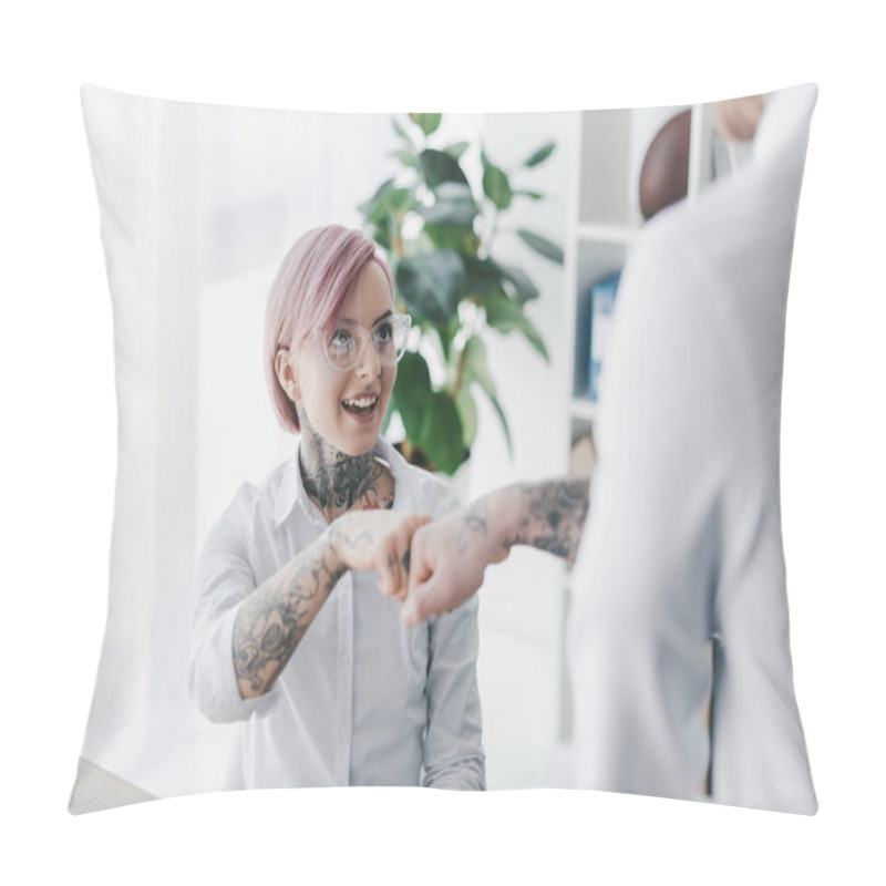 Personality  Cropped Shot Of Young Business People In Tattoos Gesturing Fist Bump In Office             Pillow Covers