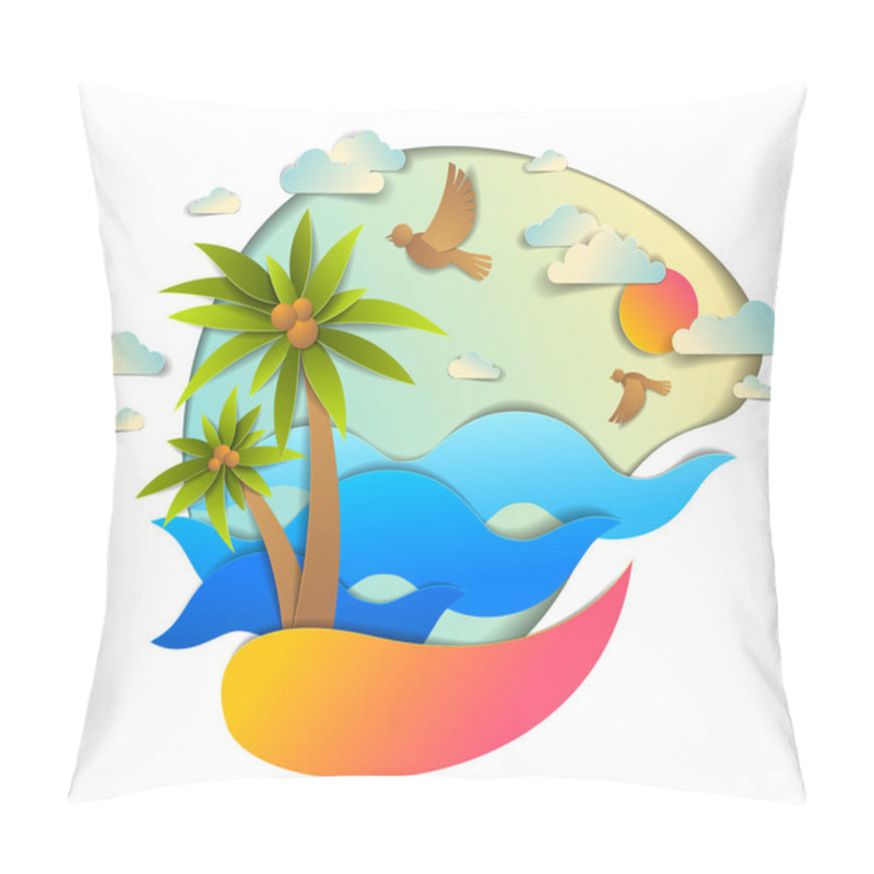 Personality  Beautiful Seascape With Sea Waves, Beach And Palms, Birds Clouds And Sun In The Sky, Vector Illustration In Paper Cut Style, Seashore Summer Beach Holidays Theme. Pillow Covers