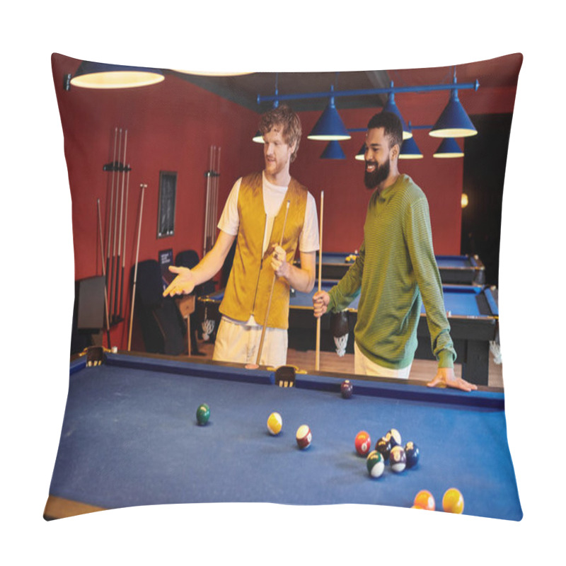 Personality  Friends Play A Friendly Game Of Pool, Laughing And Enjoying Each Others Company. Pillow Covers