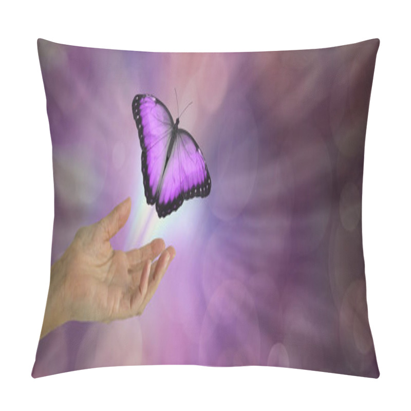 Personality  Spirit Release Depicted By A Magenta Butterfly Taking Flight - Female Hand With Open Palm And A Large Magenta Pink Butterfly Rising Up And Away Against A Purple Bokeh Background And Copy Space Pillow Covers