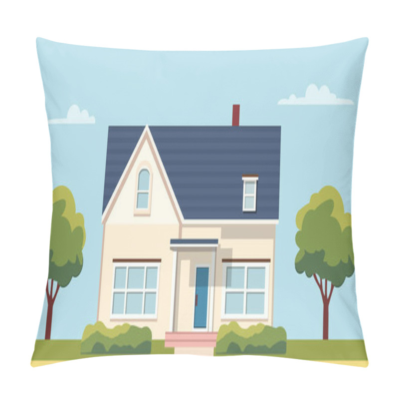 Personality  Exterior Of The Residential House, Front View. Modern House On A Street In Summer In Flat Style. House For Sale. Vector Stock Pillow Covers