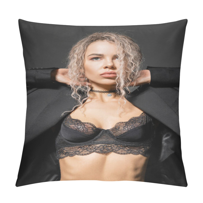 Personality  Portrait Of Confident And Expressive Woman In Lace Bra And Black Blazer Holding Hands Behind Neck And Looking Away On Grey Background, Wavy Ash Blonde Hair, Sexy Fashion Trend Pillow Covers