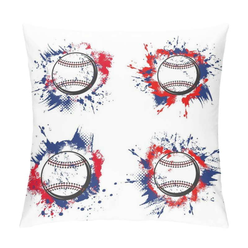 Personality  Baseball Ball Grunge Icons Of Vector Sport Game Tournament Or Team Club Design. Pitcher Baseball Balls With Laces On Blue And Red Halftone Background With Paint Splatters, Splashes And Brush Strokes Pillow Covers