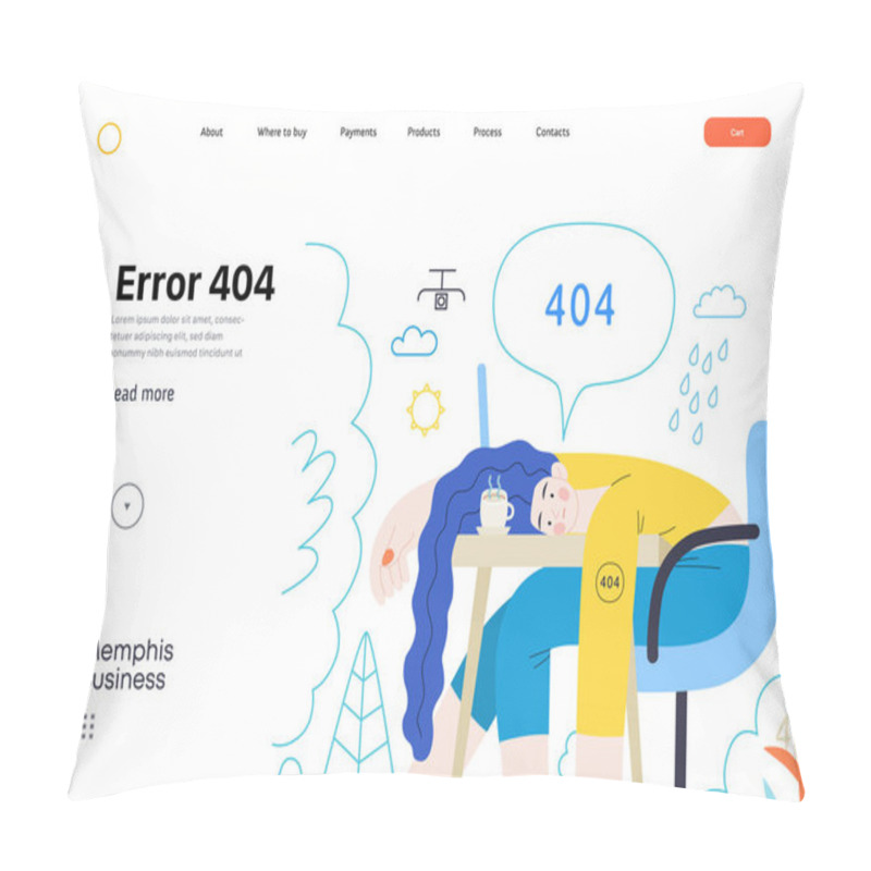 Personality  Memphis Business Illustration. Error 404 -modern Flat Vector Concept Illustration Of Page Error 404 - Hopeless Woman At The Desk. Page Not Found Metaphor. Corporate Business Sales Concept Pillow Covers