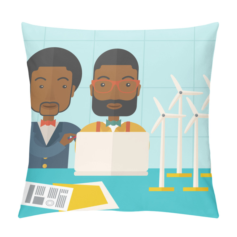 Personality  Two Black Workers Using Laptop With Windmills. Pillow Covers