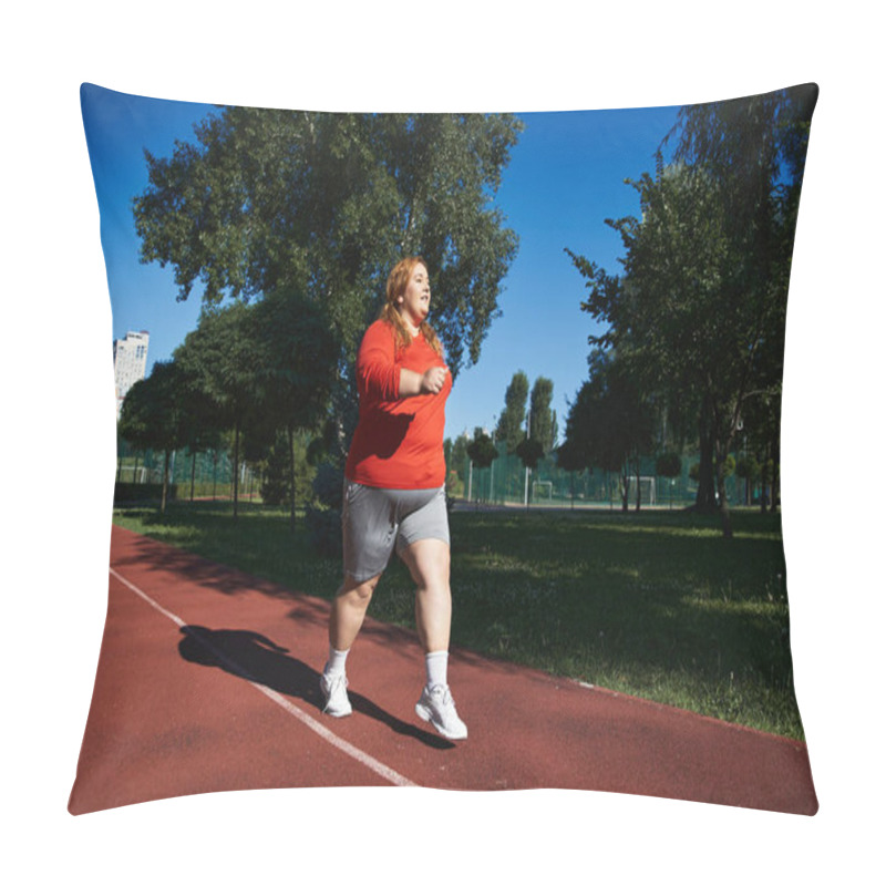 Personality  A Plus Size Woman Enjoys Her Morning Jog In The Park. Pillow Covers