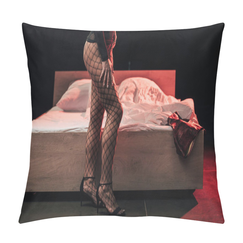 Personality  Cropped View Of Prostitute Standing In Mesh Stockings In Bedroom With Red Lights On Black  Pillow Covers