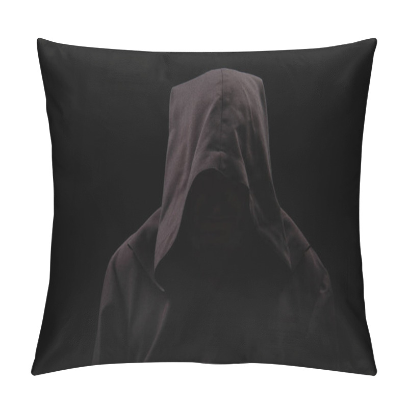 Personality  Medieval Monk With Face Under Dark Hood Isolated On Black Pillow Covers