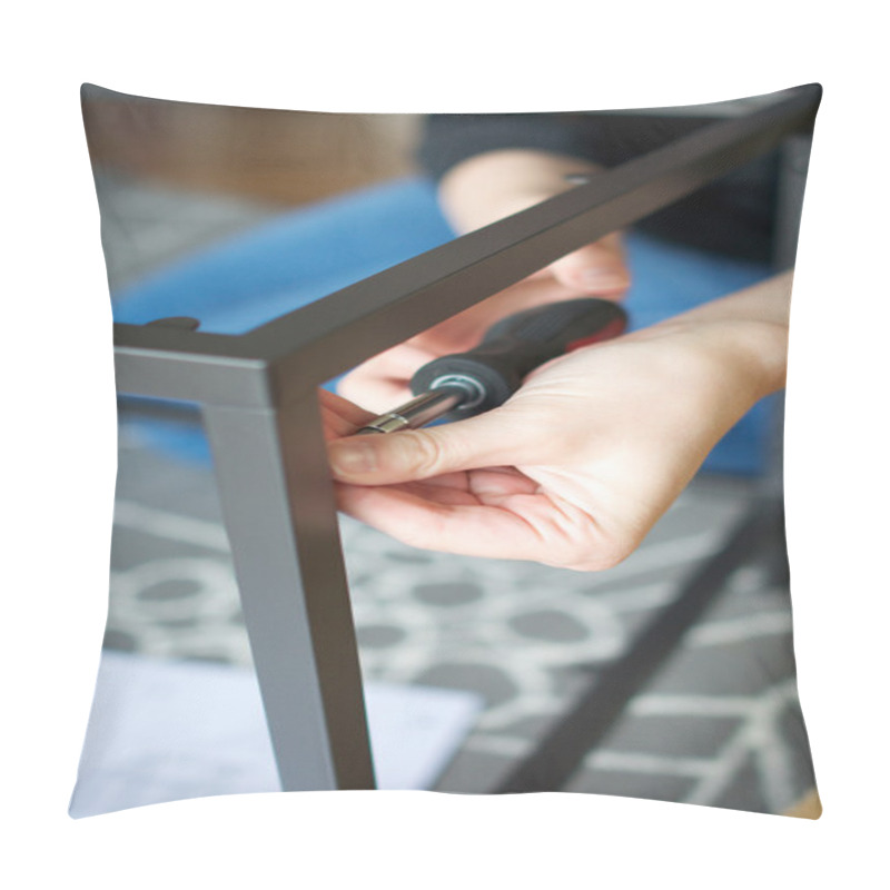 Personality  Vertical Close Up Of Hands Screwing Together Furniture Pieces Pillow Covers