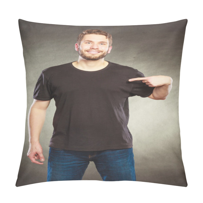 Personality  Man Guy In Blank Shirt With Copy Space Pointing. Pillow Covers