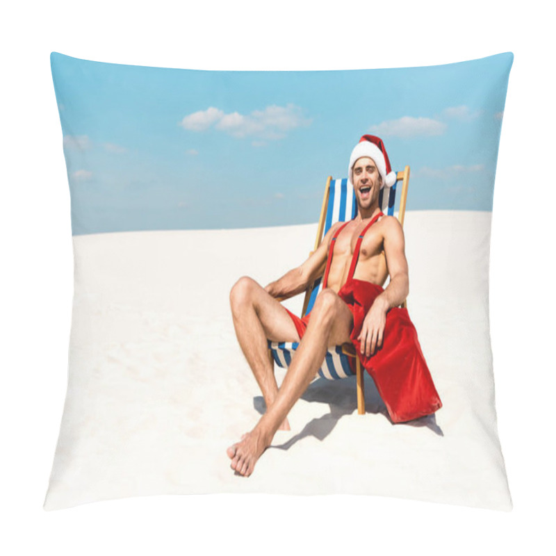 Personality  Handsome And Sexy Man In Santa Hat With Santa Sack And Sitting On Deck Chair On Beach In Maldives  Pillow Covers