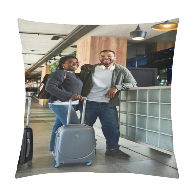 Personality  A Cheerful Young Couple Stands In A Hotel Lobby, Excitedly Preparing For Their Upcoming Vacation Adventure. Pillow Covers