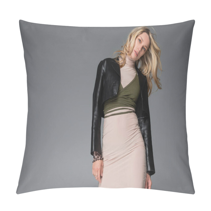 Personality  Blonde Woman In Beige Dress And Black Leather Jacket Posing Isolated On Grey Pillow Covers