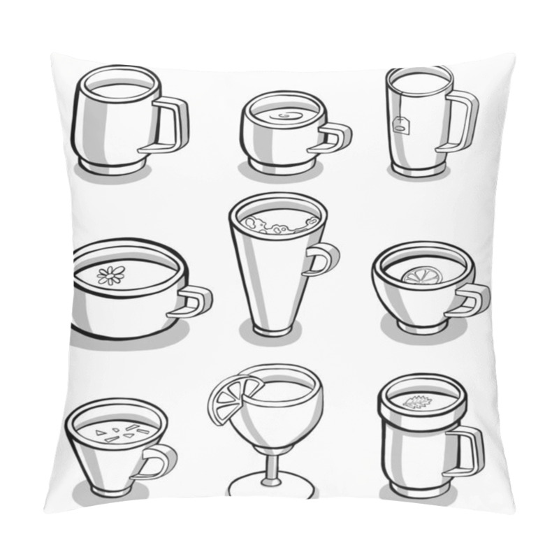 Personality  Set Of Various Cups With Tea Or Coffee. Side View. Different Ornaments. Flowers, Berries, Etc Hand Drawn Colored Trendy Illustration. Cartoon Style. Flat Design. High Quality Illustration Pillow Covers