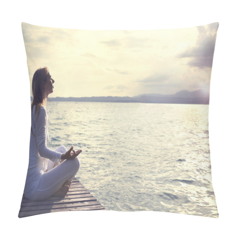 Personality  Woman Practicing Yoga On The Beach At Sunset Pillow Covers