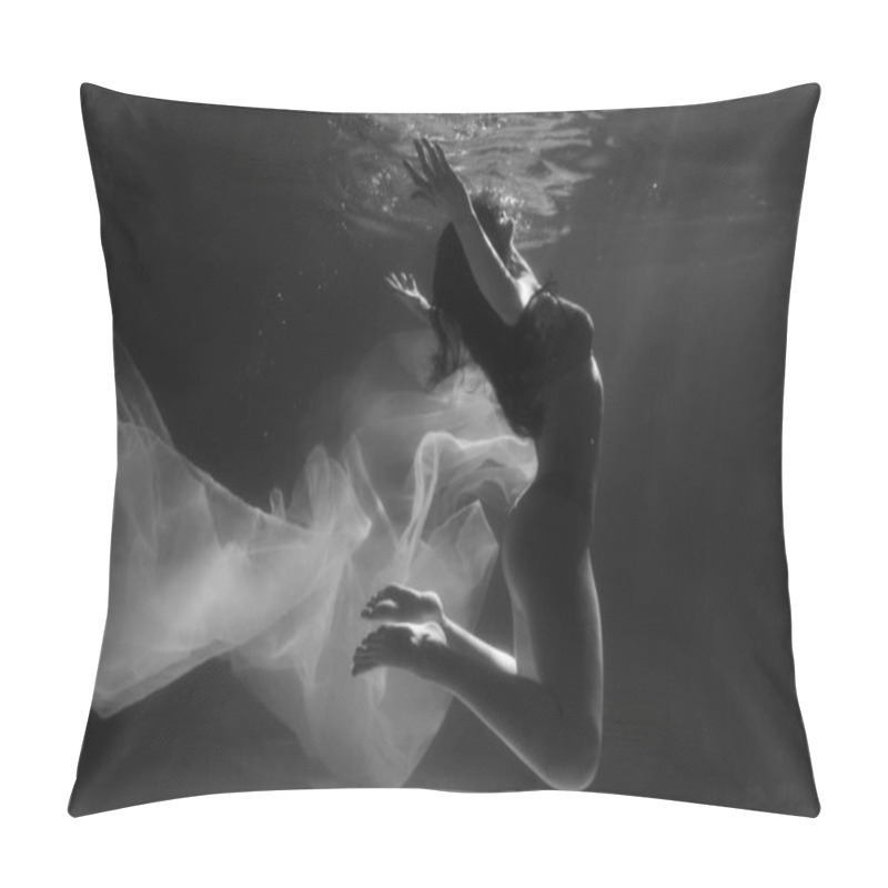 Personality  Beautiful Girl Swims Underwater With Long Hair. Blue Or Gold Background Like Gold. The Atmosphere Of A Fairy Tale Or Magic. Diving Under The Water With A Shiny Cloth Pillow Covers