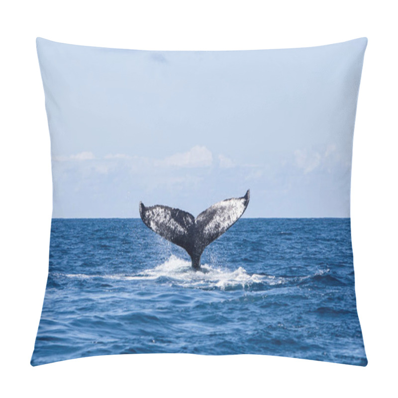 Personality  A Humpback Whale, Megaptera Novaeangliae, Raises Its Powerful Fluke Out Of The Sea. The Atlantic Population Of Humpback Whales Is Still Considered An Endangered Species. Pillow Covers