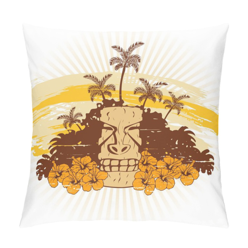 Personality  Grungy Illustration With Tiki Statue In Warm Tones Pillow Covers