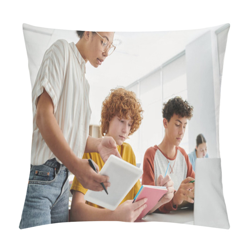 Personality  African American Teacher Holding Digital Tablet While Talking To Teen Schoolboys In Classroom Pillow Covers