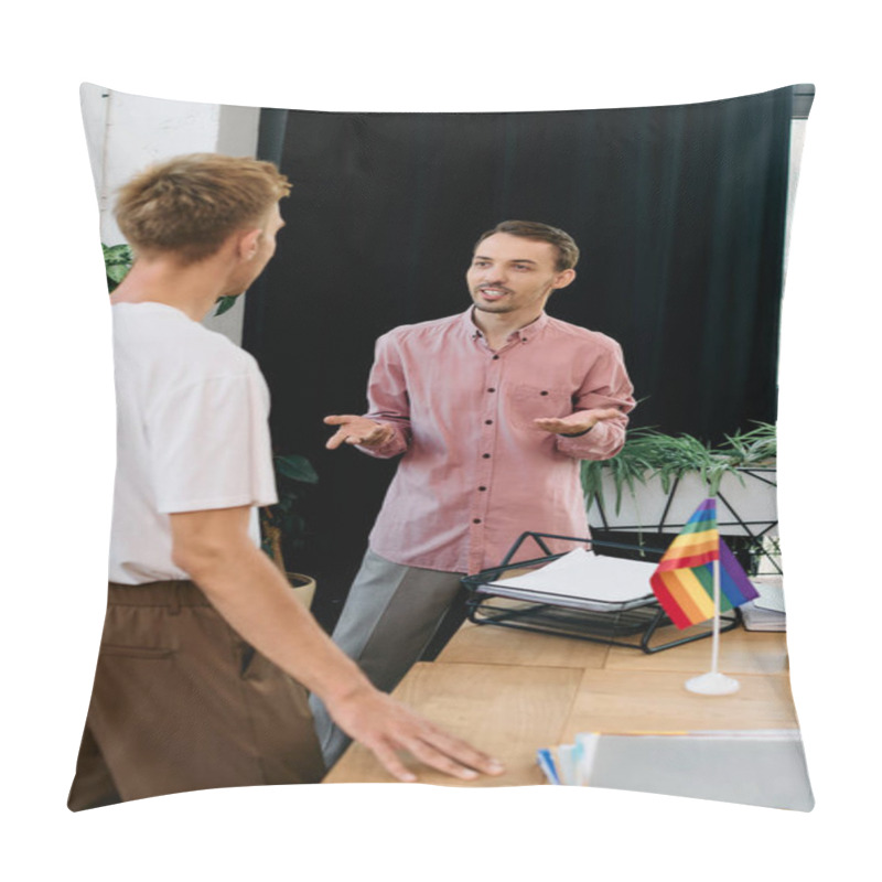 Personality  Two Young Men Engage In A Lively Discussion, Sharing Smiles In A Stylish Office Environment. Pillow Covers