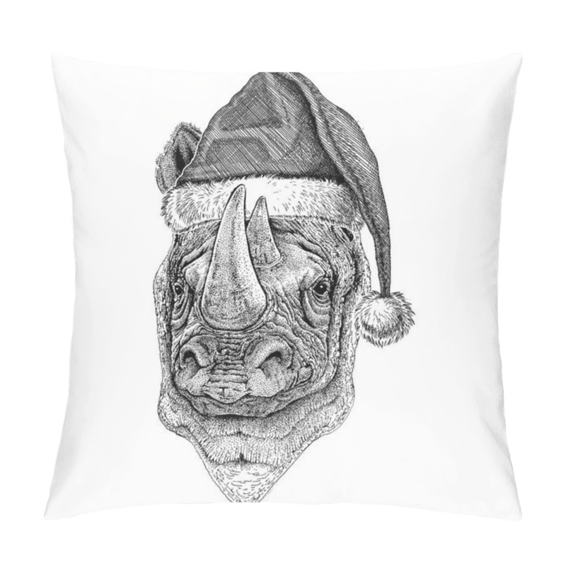 Personality  Rhinoceros, Rhino Wearing Christmas Hat New Year Eve Merry Christmas And Happy New Year Zoo Life Holidays Celebration Hand Drawn Image Pillow Covers