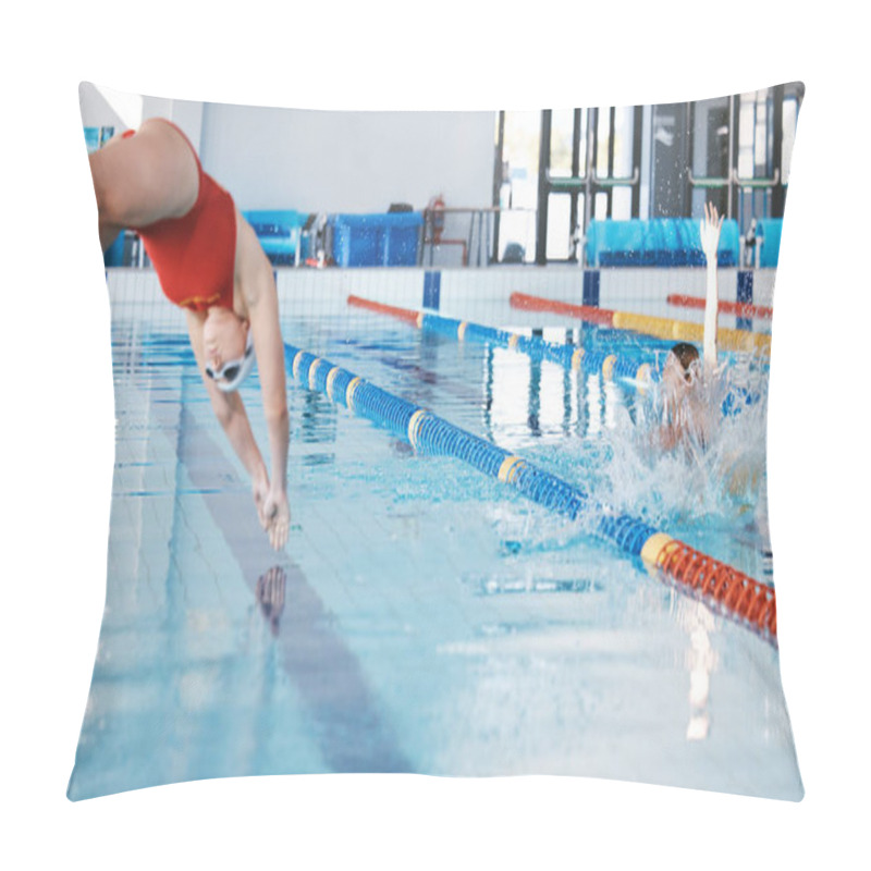 Personality  Sports, Swimming Pool And Woman Diving In Water For Training, Exercise And Workout For Competition. Fitness, Swimmer And Professional Person Dive, Athlete In Action And Jump For Health And Wellness Pillow Covers