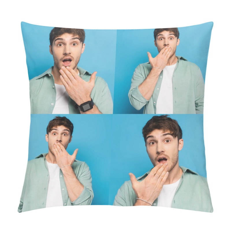 Personality  Collage Of Shocked Young Man Covering Mouth With Hand While Looking At Camera On Blue Pillow Covers