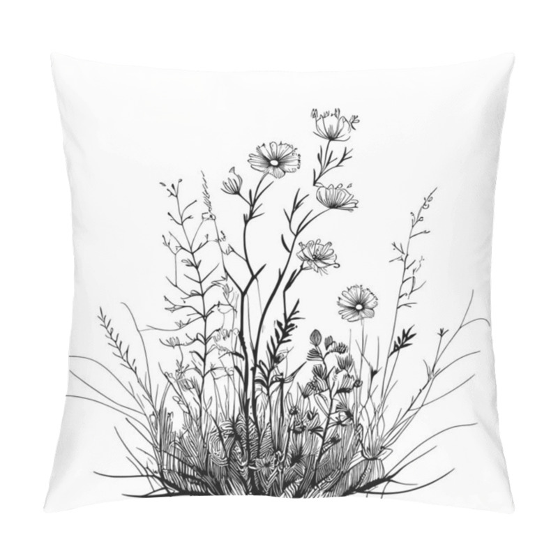 Personality  Field Of Wildflowers Sketch , Hand Drawn In Doodle Style Illustration Pillow Covers