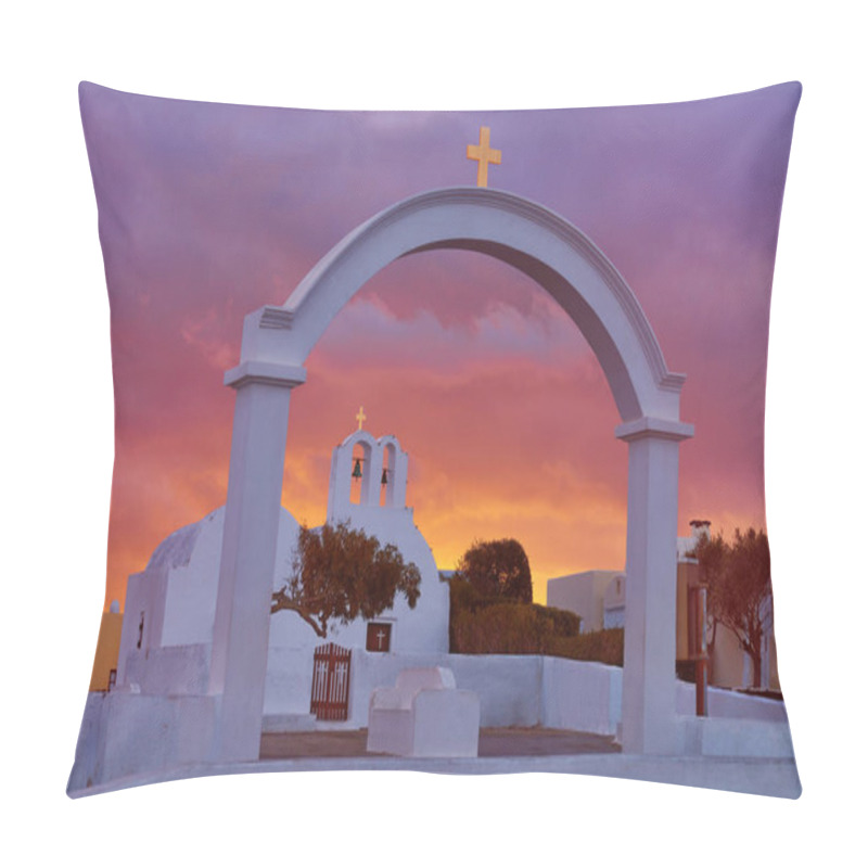 Personality  Arch, Church And Bell Towers In Oia Village, Santorini Island, Greece On A Sunrise With Dramatic Sky Pillow Covers