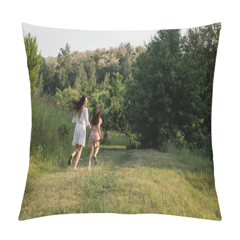 Personality  Back View Of Woman And Child Running Towards Forest On Summer Day  Pillow Covers