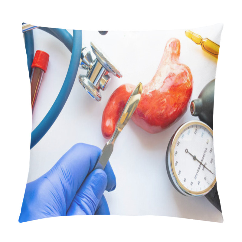 Personality  Concept Photo Of Stomach Or Gastric Surgery. Doctor With Scalpel In His Hand Makes An Incision In Figure Of Human Stomach, Which Is Located Near Medical Toolkit - Stethoscope , Lab Tube With Blood Pillow Covers