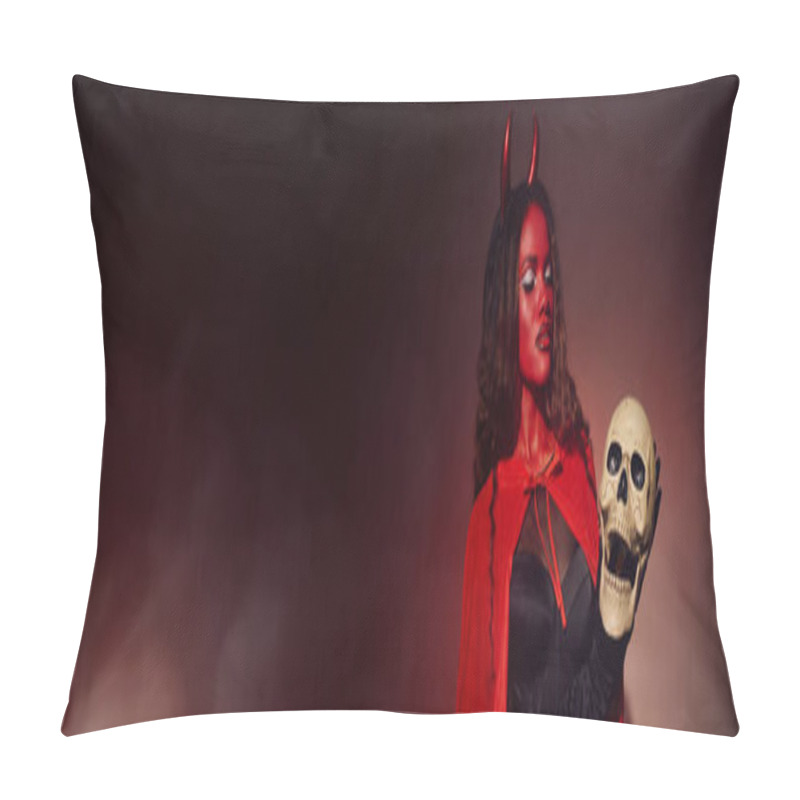 Personality  Feeling The Halloween Spirit, A Captivating Woman In A Devilish Costume Showcases Her Eerie Charm. Pillow Covers