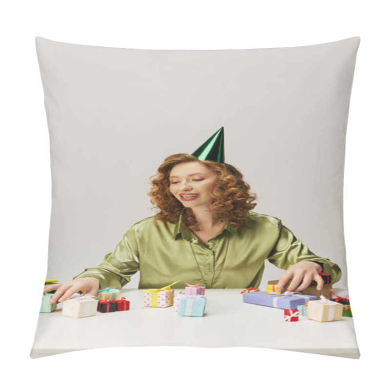 Personality  A Young Woman With Curly Hair Delights In Posing, Creating A Cheerful Atmosphere. Pillow Covers