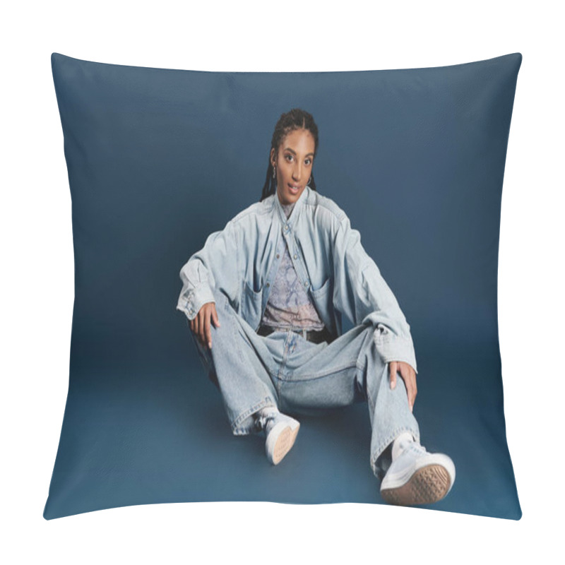 Personality  A Confident Young Woman Sits Comfortably, Displaying Her Unique Fashion Style. Pillow Covers