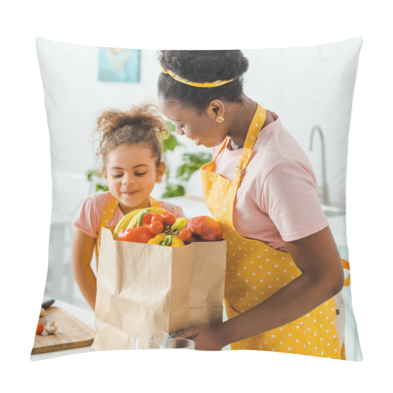 Personality  Happy African American Mother And Daughter Looking At Paper Bag With Groceries  Pillow Covers