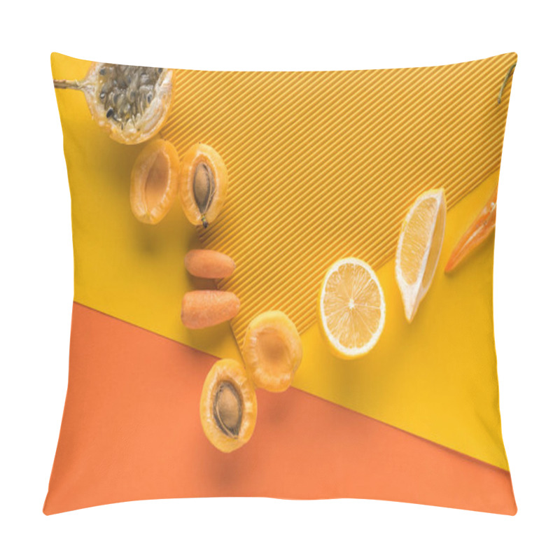 Personality  Top View Of Fresh Fruits And Vegetables On Yellow And Orange Background With Copy Space Pillow Covers