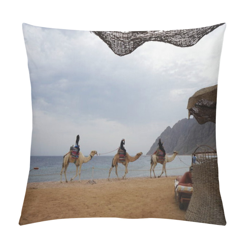 Personality  Tourists Ride Camels On The Beach With The Gulf Of Aqaba In The Red Sea In The Background. Dahab, South Sinai Governorate, Egypt  Pillow Covers